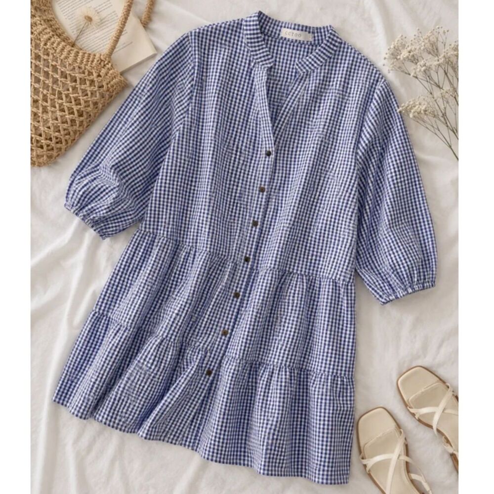 Cottagecore Gingham Dress Blue White Prairie Midi Dress Coquette Farmhouse Large